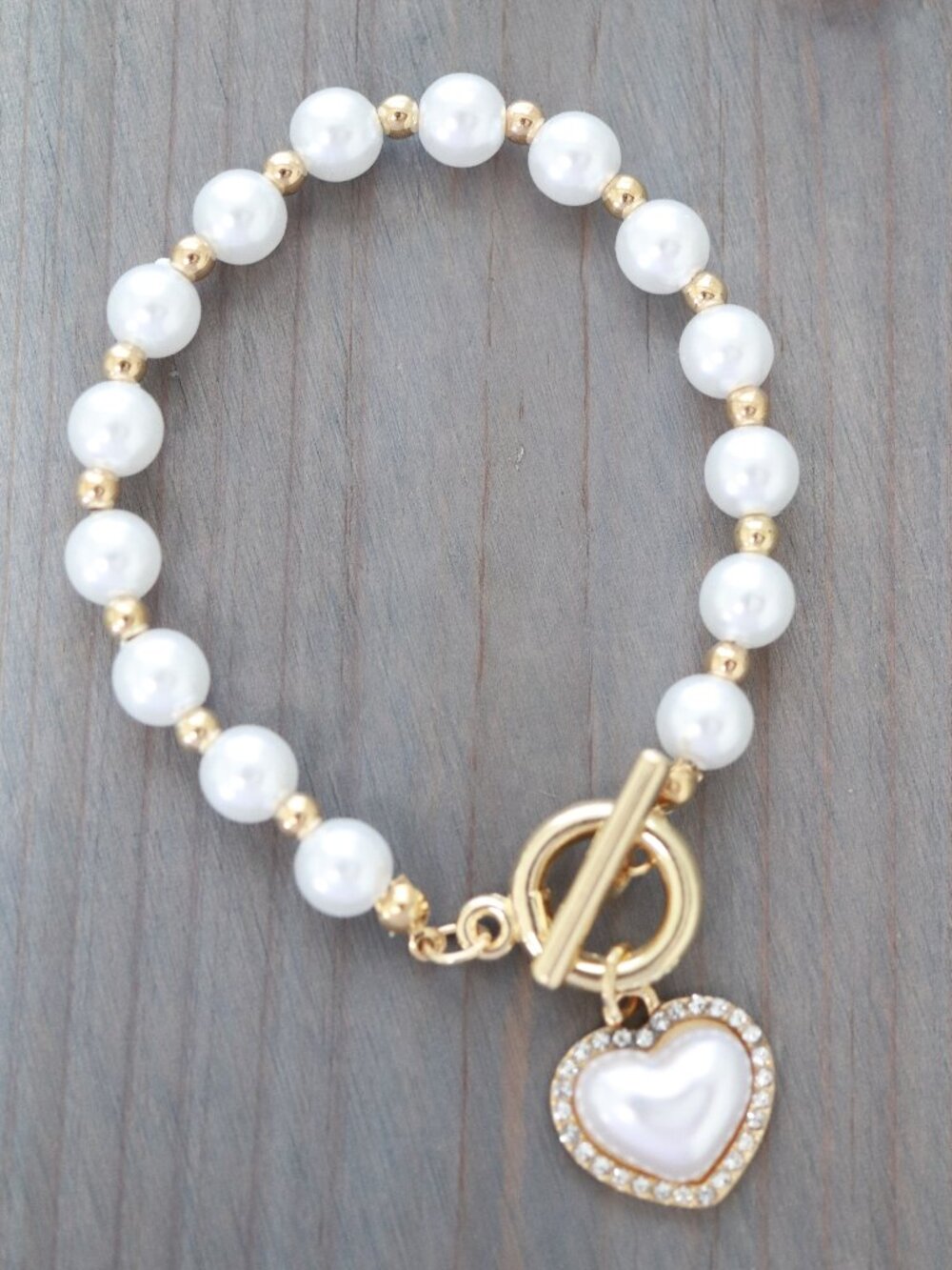 Pearl Heart Shape CZ Diamond Halo Style Bracelet Toggle Closure 18k Gold Plated